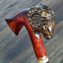 Load image into Gallery viewer, Gift Cane Walking Stick Canes Sticks Reed Staff Wood Wooden Hand-Carved Carving Handmade Cane Accessories ( Ram axe red )