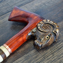 Load image into Gallery viewer, Gift Cane Walking Stick Canes Sticks Reed Staff Wood Wooden Hand-Carved Carving Handmade Cane Accessories ( Ram axe red )