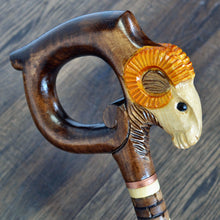 Load image into Gallery viewer, Gift Cane Walking Stick Canes Sticks Reed Staff Wood Wooden Hand-Carved Carving Handmade Cane Accessories ( Ram round yellow horns )