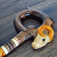 Load image into Gallery viewer, Gift Cane Walking Stick Canes Sticks Reed Staff Wood Wooden Hand-Carved Carving Handmade Cane Accessories ( Ram round yellow horns )
