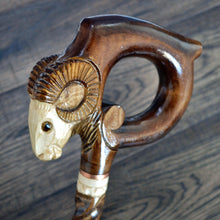 Load image into Gallery viewer, Gift Cane Walking Stick Canes Sticks Reed Staff Wood Wooden Hand-Carved Carving Handmade Cane Accessories ( Ram round brown horns )