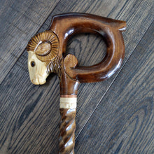 Load image into Gallery viewer, Gift Cane Walking Stick Canes Sticks Reed Staff Wood Wooden Hand-Carved Carving Handmade Cane Accessories ( Ram round brown horns )
