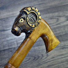 Load image into Gallery viewer, Gift Cane Walking Stick Canes Sticks Reed Staff Wood Wooden Hand-Carved Carving Handmade Cane Accessories ( Ram axe )