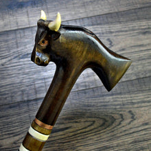 Load image into Gallery viewer, Gift Cane Walking Stick Canes Sticks Reed Staff Wood Wooden Hand-Carved Carving Handmade Cane Accessories ( Bull axe)