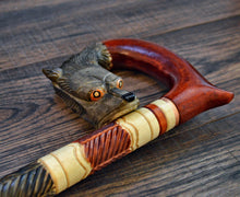 Load image into Gallery viewer, Gift Cane Walking Stick Canes Sticks Reed Staff Wood Wooden Hand-Carved Carving Handmade Cane Accessories ( Wolf red )