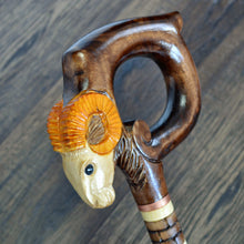 Load image into Gallery viewer, Gift Cane Walking Stick Canes Sticks Reed Staff Wood Wooden Hand-Carved Carving Handmade Cane Accessories ( Ram round yellow horns )
