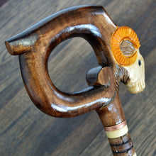 Load image into Gallery viewer, Gift Cane Walking Stick Canes Sticks Reed Staff Wood Wooden Hand-Carved Carving Handmade Cane Accessories ( Ram round yellow horns )
