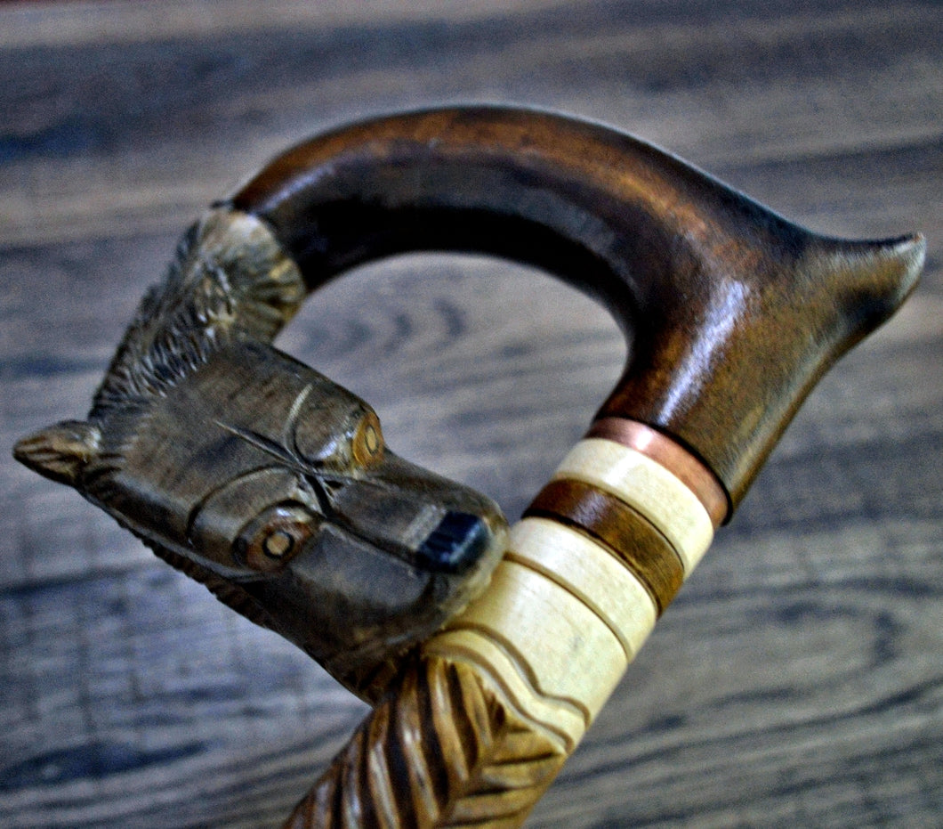 Gift Cane Walking Stick Canes Sticks Reed Staff Wood Wooden Hand-Carved Carving Handmade Cane Accessories ( Wolf brown )
