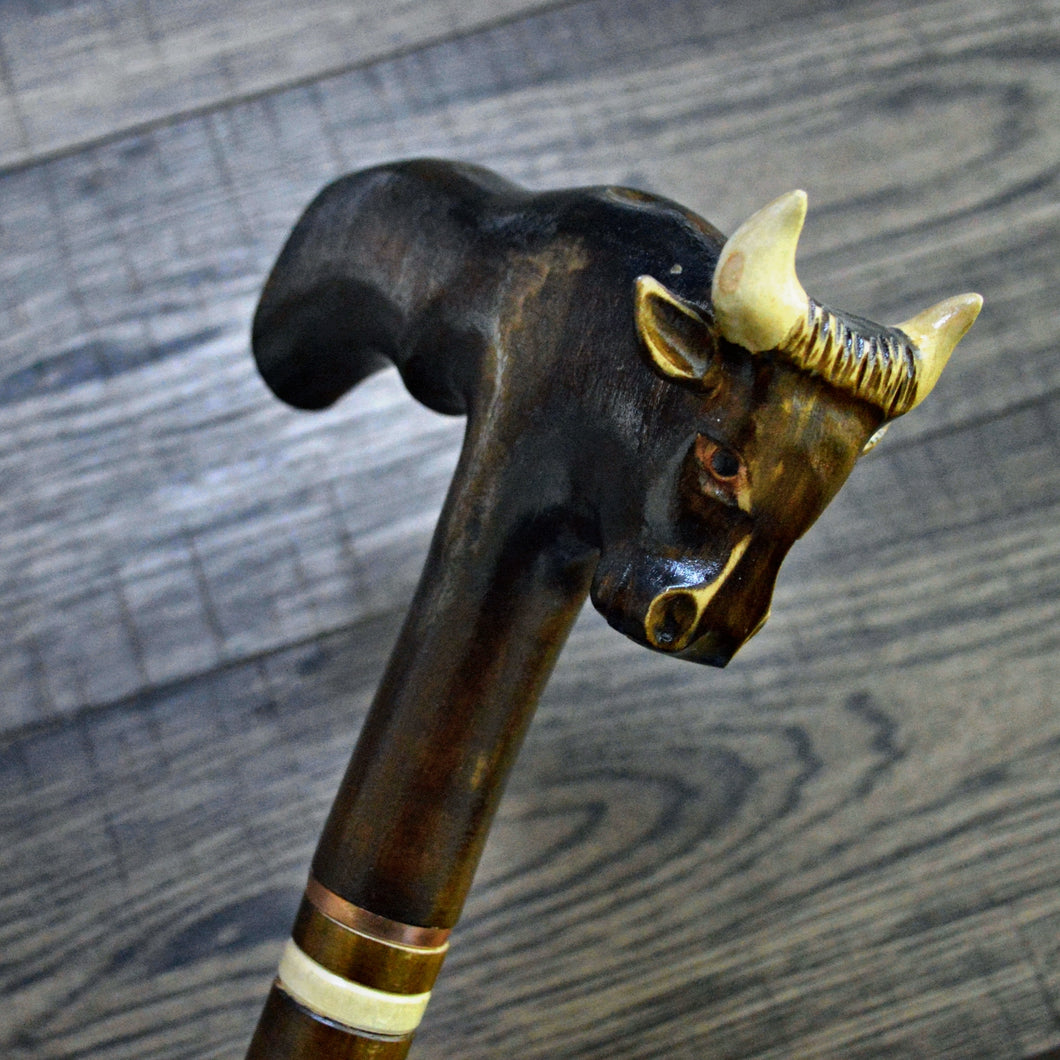 Gift Cane Walking Stick Canes Sticks Reed Staff Wood Wooden Hand-Carved Carving Handmade Cane Accessories ( Bull )