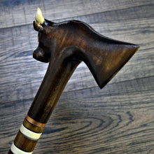 Load image into Gallery viewer, Gift Cane Walking Stick Canes Sticks Reed Staff Wood Wooden Hand-Carved Carving Handmade Cane Accessories ( Bull axe)
