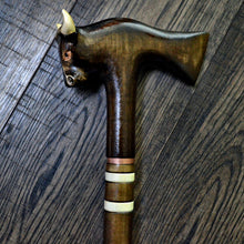 Load image into Gallery viewer, Gift Cane Walking Stick Canes Sticks Reed Staff Wood Wooden Hand-Carved Carving Handmade Cane Accessories ( Bull axe)
