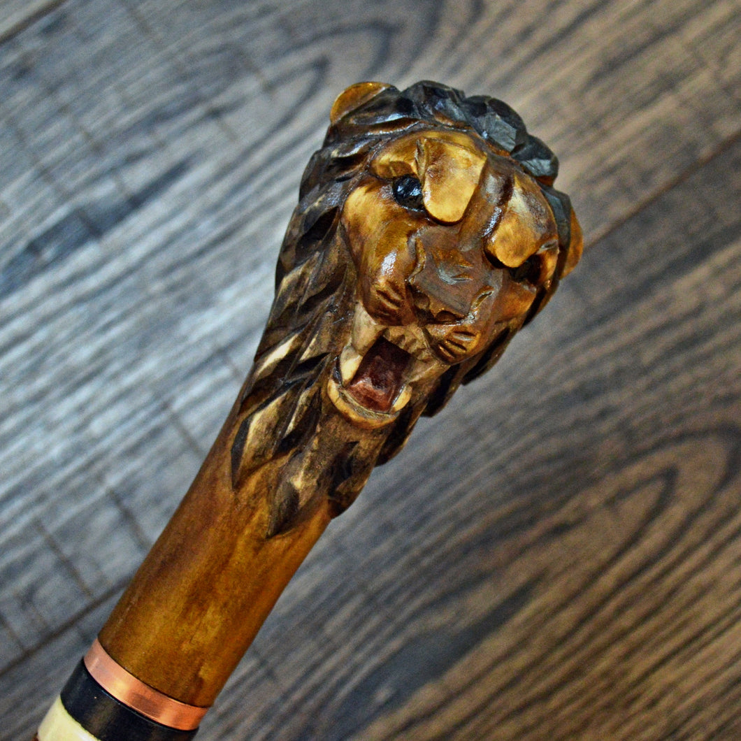 Gift Cane Walking Stick Canes Sticks Reed Staff Wood Wooden Hand-Carved Carving Handmade Cane Accessories ( Lion )