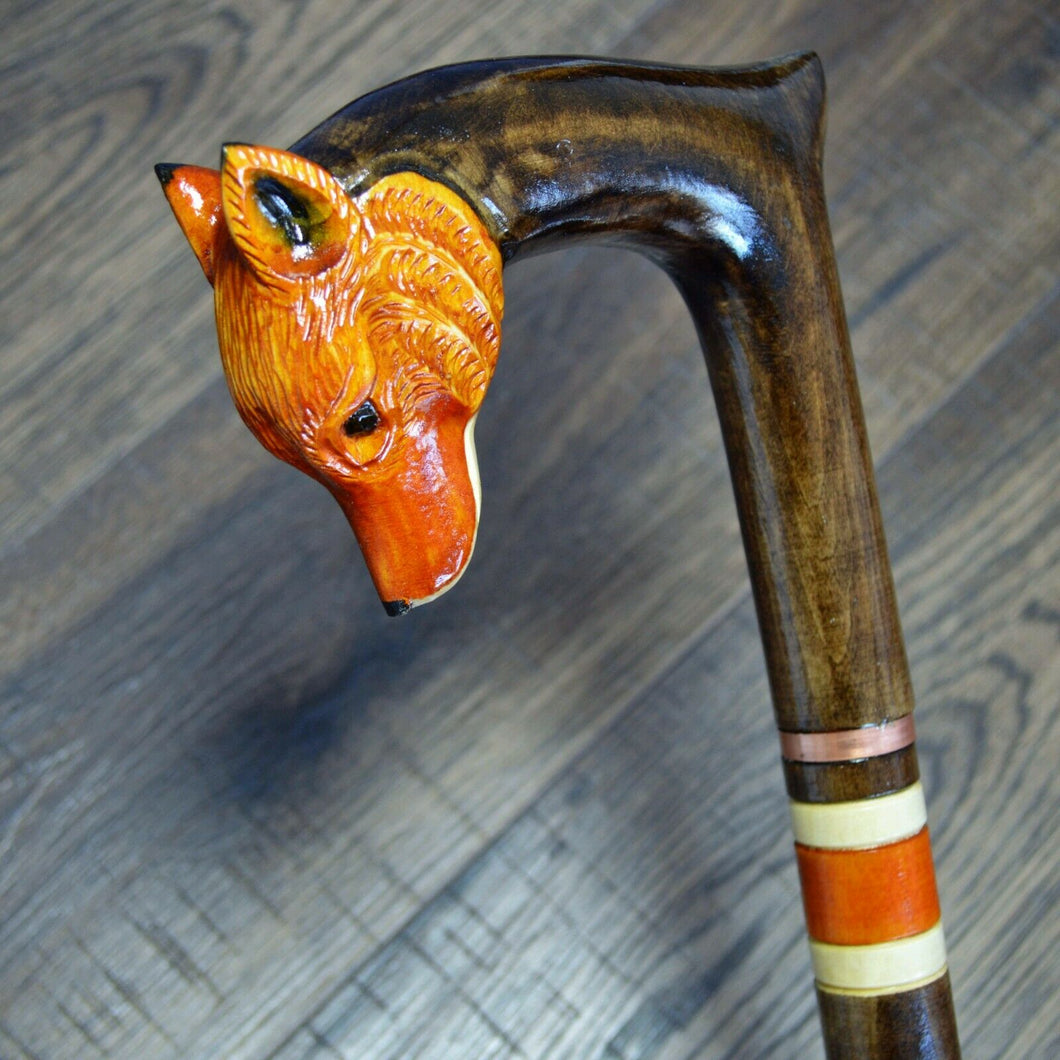 Gift Cane Walking Stick Canes Sticks Reed Staff Wood Wooden Hand-Carved Carving Handmade Cane Accessories ( Fox new )
